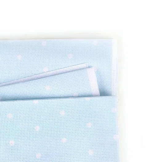 14 ct aida white dots on pale misty blue, Fabric Flare-9x26”
