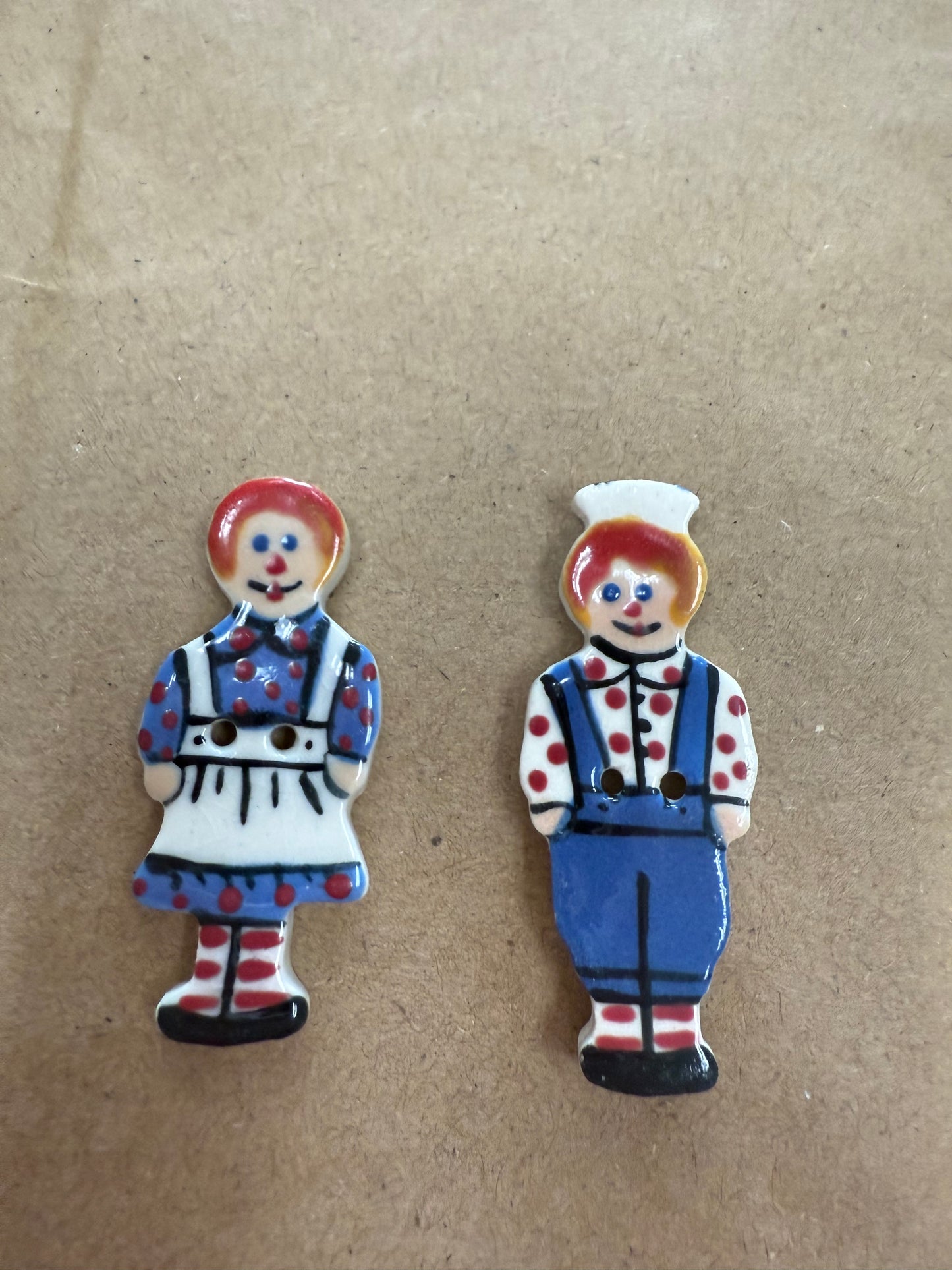 Raggedy Ann and Andy hand painted porcelain buttons