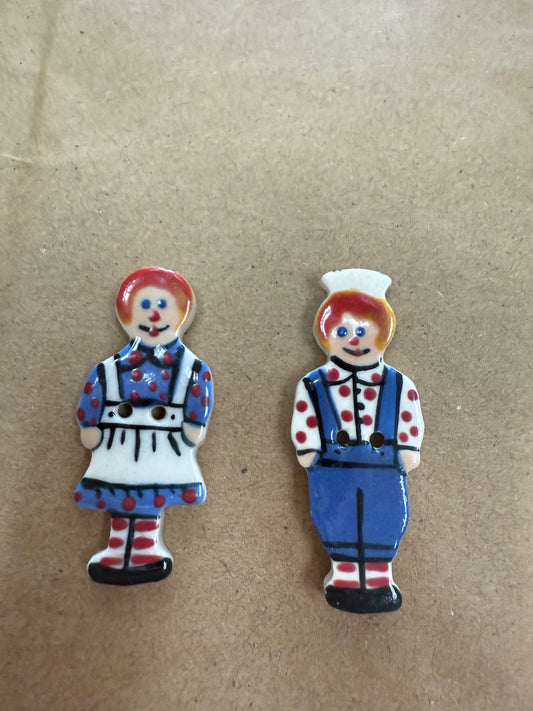 Raggedy Ann and Andy hand painted porcelain buttons